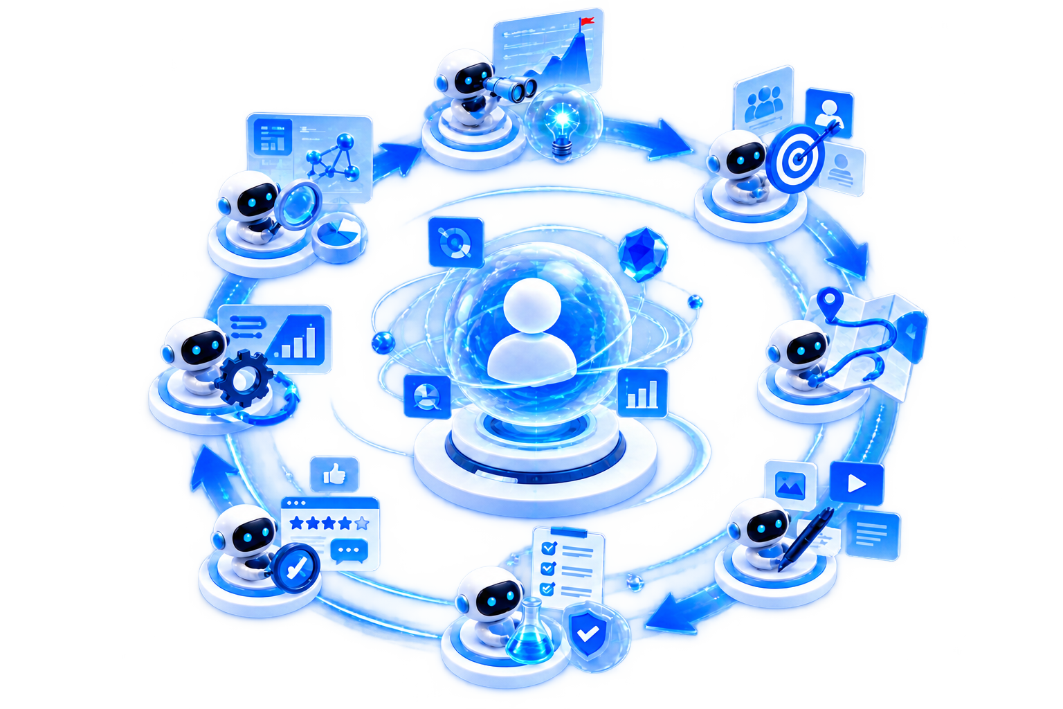 Agentic CRM 八个AI智能体协同完成从策略规划到复盘分析的用户运营闭环示意